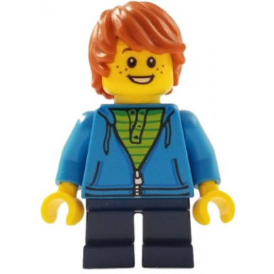 child - boy dark azure hoodie dark blue short legs dark orange tousled hair freckles smile with teeth