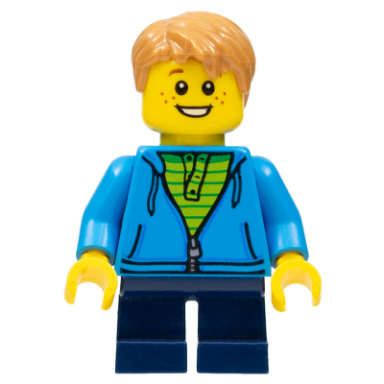 boy dark azure hoodie with green striped shirt dark blue short legs freckles medium nougat hair