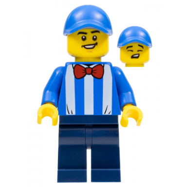 newsstand worker blue cap striped shirt red bow tie