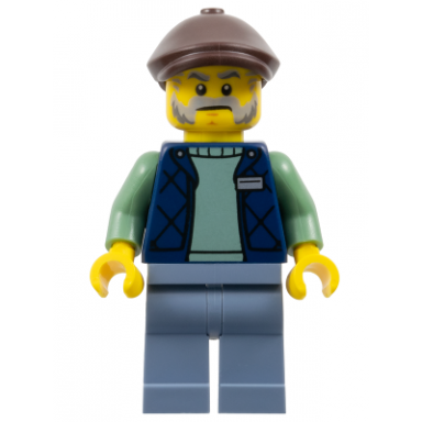 corner kiosk vendor - male dark blue bodywarmer over sand green sweater sand blue legs dark brown flat cap