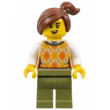 corner kiosk customer - female tan knit argyle sweater vest olive green legs reddish brown side ponytail