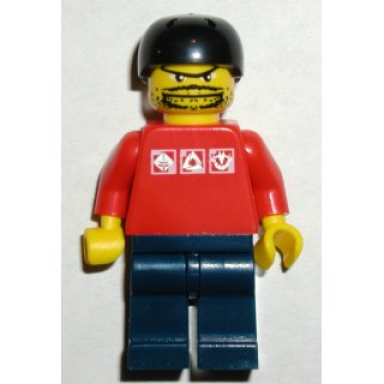 skateboarder red shirt with silver logos dark blue legs