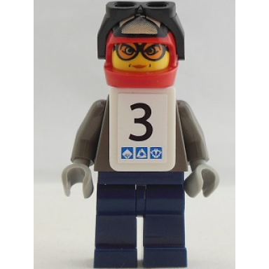 snowboarder dark gray shirt dark blue legs white vest number 3 sticker on both sides