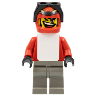 snowboarder red shirt dark gray legs white vest
