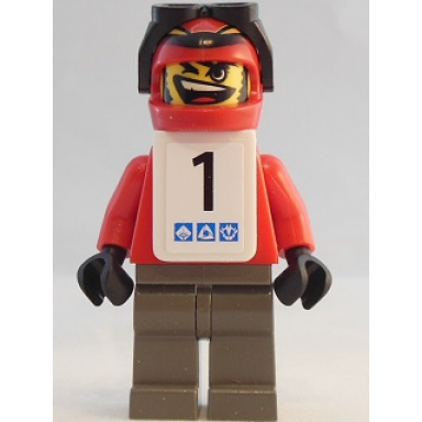 snowboarder red shirt dark gray legs white vest number 1 sticker on both sides