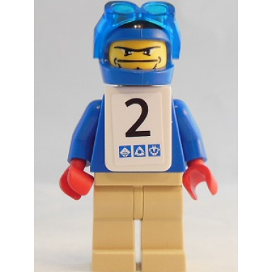 snowboarder blue shirt tan legs white vest number 2 sticker on both sides