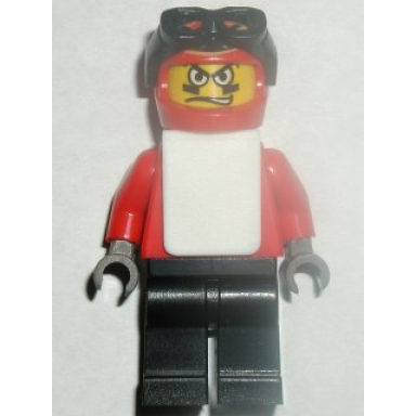 snowboarder red shirt black legs white vest