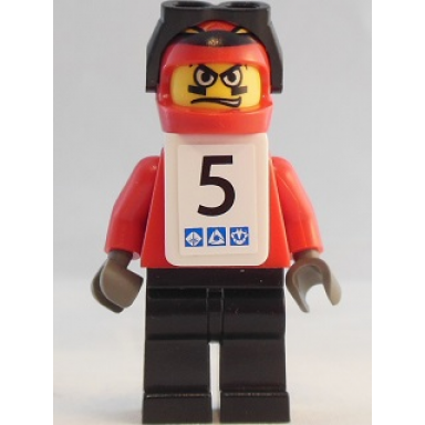 snowboarder red shirt black legs white vest number 5 sticker on both sides