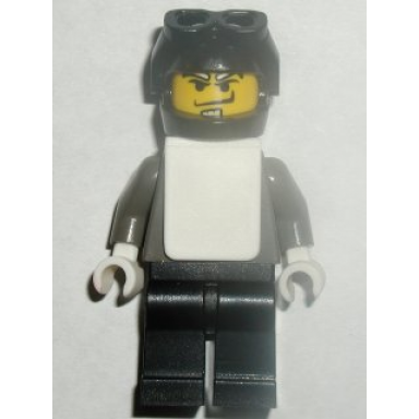 snowboarder dark gray shirt black legs black helmet white vest