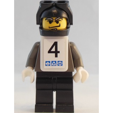 snowboarder dark gray shirt black legs black helmet white vest number 4 sticker on both sides