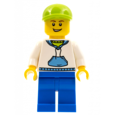 white hoodie with medium blue pocket blue legs lime short bill cap