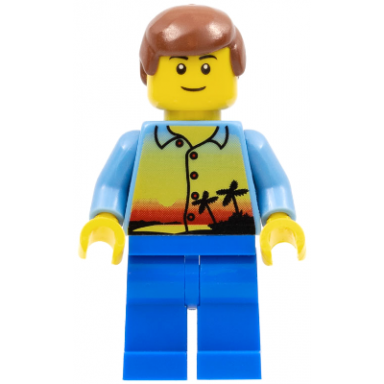 sunset and palm trees - male blue legs reddish brown male hair thin grin