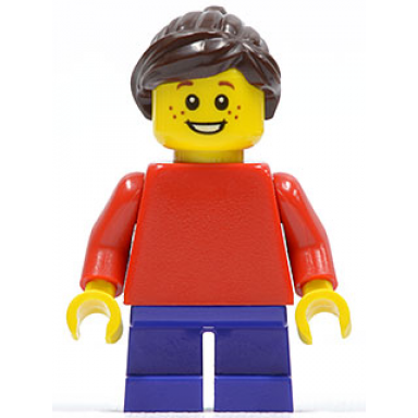 plain red torso with red arms dark purple short legs dark brown ponytail and swept sideways fringe
