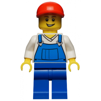 overalls blue over v-neck shirt blue legs red short bill cap open grin