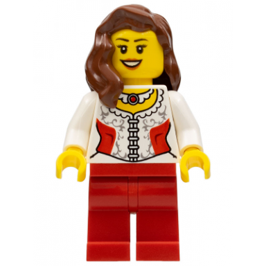 white lace blouse with red side panels and ruby necklace red legs reddish brown female hair over shoulder black eyebrows
