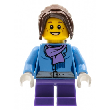 medium blue jacket with light purple scarf dark purple short legs dark brown hair ponytail long with side bangs