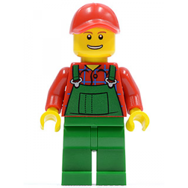 overalls farmer green red cap with hole open grin