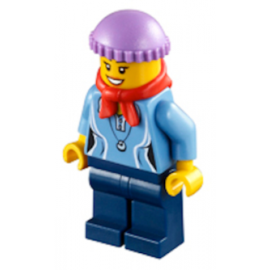 medium blue female shirt with two buttons and shell pendant dark blue legs red bandana medium lavender knit cap
