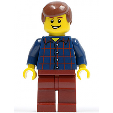 plaid button shirt dark red legs reddish brown male hair lopsided grin with teeth