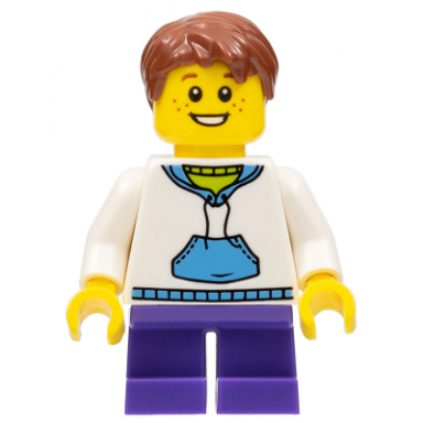 child - boy white hoodie with medium blue pocket dark purple short legs reddish brown hair freckles