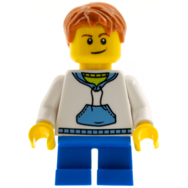 child - boy white hoodie with medium blue pocket blue short legs dark orange hair medium nougat dimple