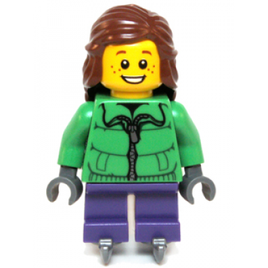 winter jacket zipper dark purple short legs reddish brown female hair mid-length ice skates