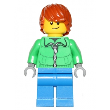 winter jacket zipper blue legs dark orange hair crooked smile