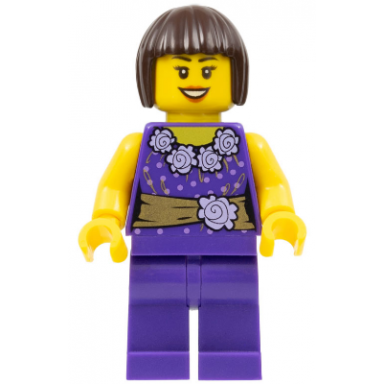 female dark purple blouse with gold sash and flowers dark purple legs dark brown bob cut hair