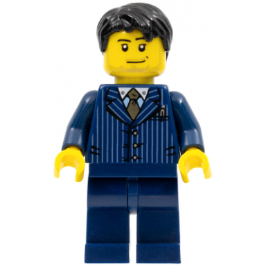 businessman - pinstripe jacket and gold tie dark blue legs black short tousled hair smirk and stubble
