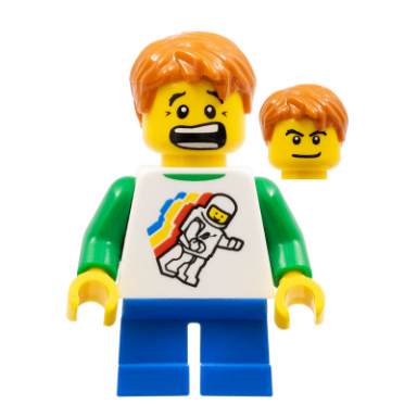 classic space minifigure floating pattern blue short legs dark orange short tousled hair
