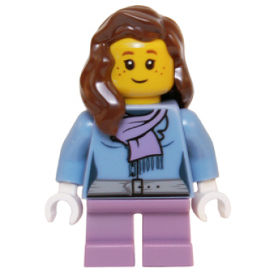 medium blue jacket with light purple scarf medium lavender short legs reddish brown female hair over shoulder