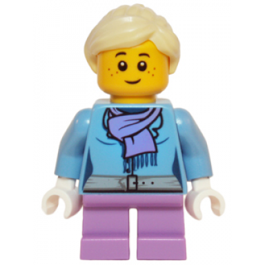 medium blue jacket with light purple scarf medium lavender short legs bright light yellow ponytail and swept sideways fringe