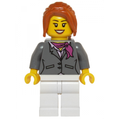 dark bluish gray jacket with magenta scarf white legs dark orange hair ponytail long with side bangs