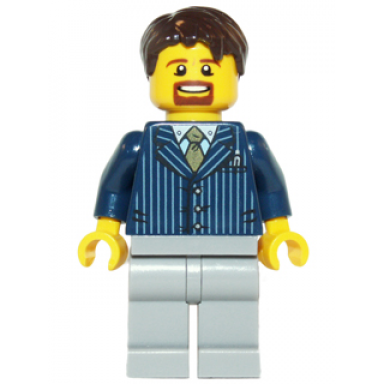 businessman pinstripe jacket and gold tie light bluish gray legs dark brown hair short tousled with side part