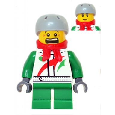 octan - jacket with red and green stripe green short legs red bandana helmet sports with vent holes brown eye corner crinkles