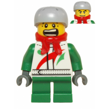 octan - jacket with red and green stripe green short legs red bandana helmet sports with vent holes black eye corner crinkles