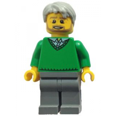 green v-neck sweater dark bluish gray legs light bluish gray short tousled hair beard thanksgiving pop