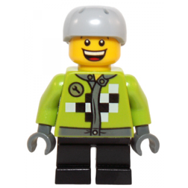 lime jacket with wrench and black and white checkered pattern short black legs sports helmet with vent holes