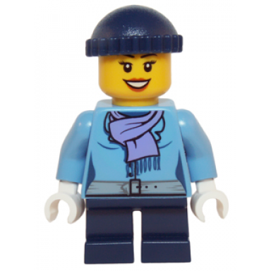 medium blue jacket with light purple scarf dark blue short legs dark blue knit cap