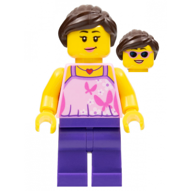 girl bright pink top with butterflies and flowers dark purple legs dark brown hair ponytail and swept sideways fringe