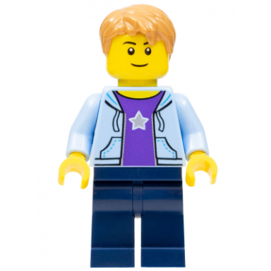 boy bright light blue hoodie with white star dark blue legs medium nougat hair short tousled with side part
