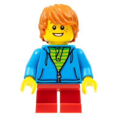 child - boy dark azure hoodie red short legs dark orange tousled hair freckles