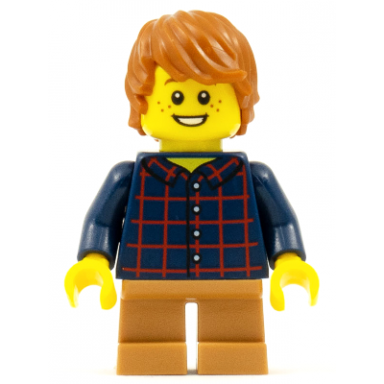 child - boy dark blue plaid button shirt medium nougat short legs dark orange tousled hair freckles