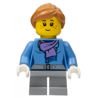 medium blue jacket with light purple scarf light bluish gray short legs freckles