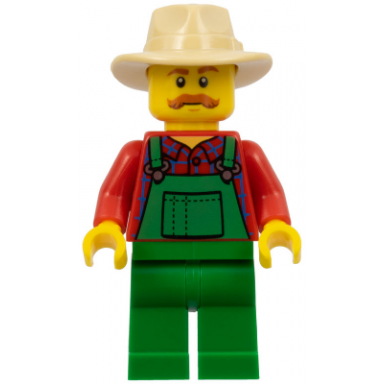 farmer - green overalls over red plaid shirt green legs tan fedora moustache