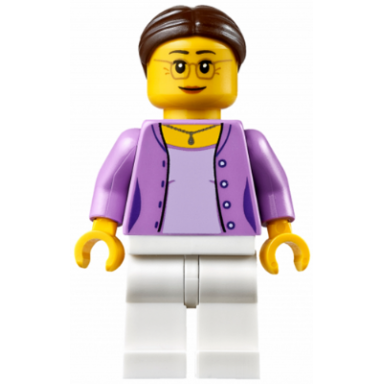 grandma - medium lavender jacket over lavender shirt white legs brown hair in a bun