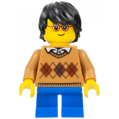 child - boy medium nougat argyle sweater blue short legs black tousled hair glasses freckles