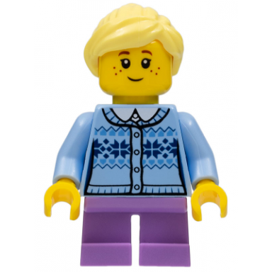 girl - fair isle sweater bright light yellow ponytail lavender legs short freckles