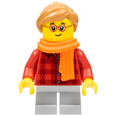 child - girl red plaid flannel shirt light bluish gray short legs medium nougat ponytail hair freckles glasses orange scarf