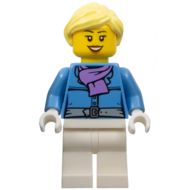 female jacket with medium lavender scarf white legs bright light yellow ponytail open mouth smile